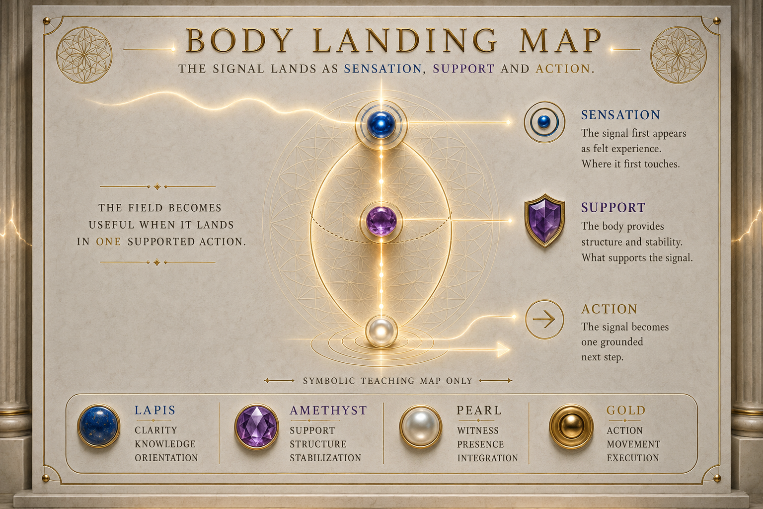 Body Landing Map teaching plate showing signal, sensation, support, and action
