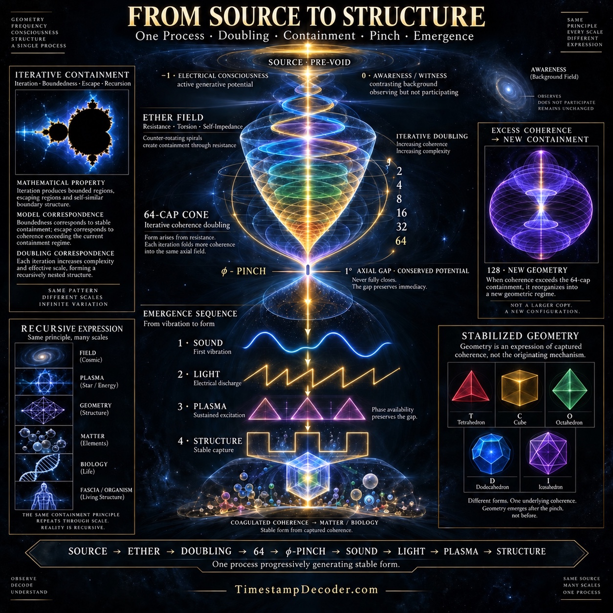 From Source to Structure teaching plate showing Source, Ether, progressive doubling through 64, a phi pinch with a preserved axial gap, emergence through Sound, Light and Plasma, and stable Structure, with secondary iterative and geometric correspondences.