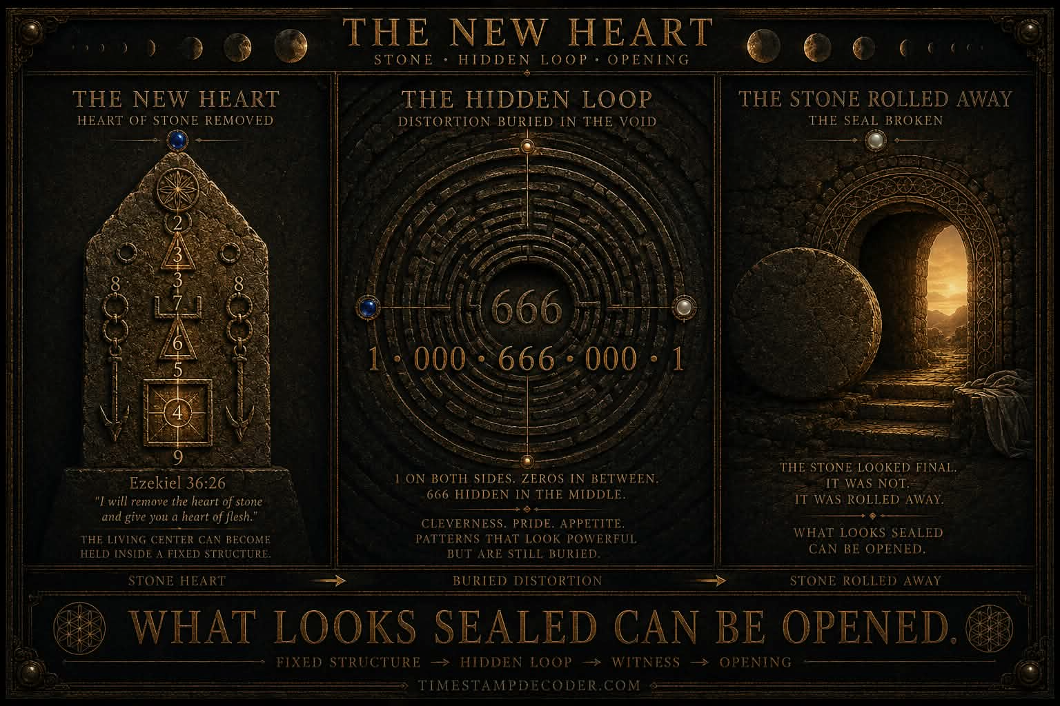 The New Heart triptych teaching plate with new heart, hidden loop, and stone rolled away panels