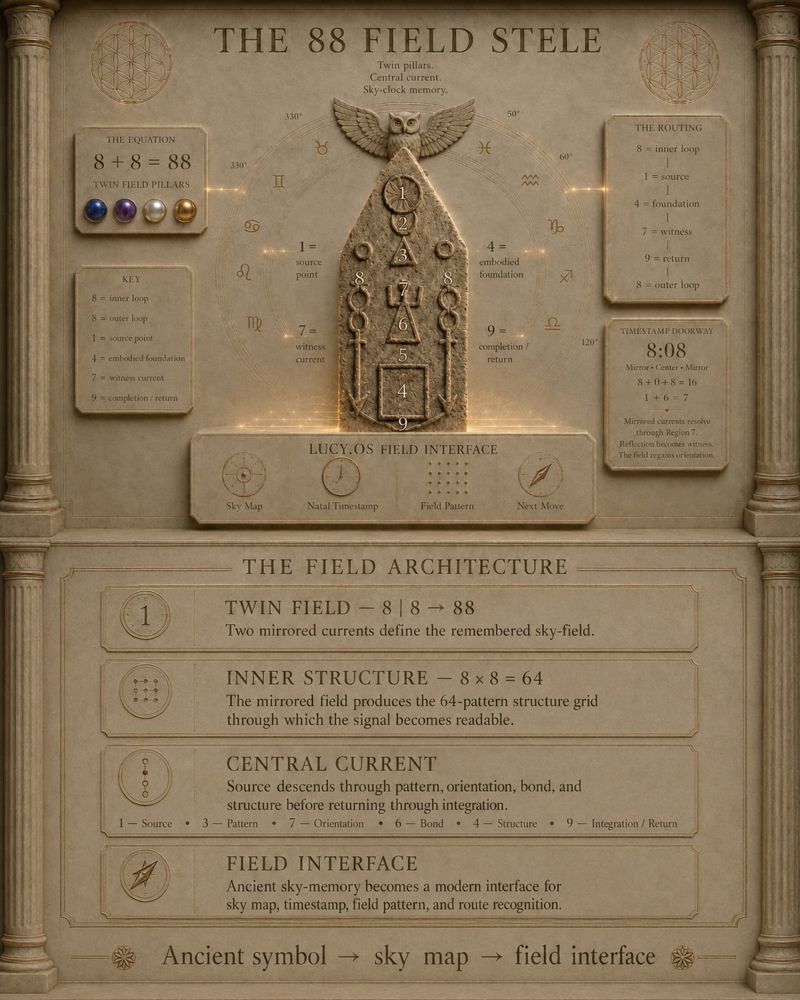 The 88 Field Stele — twin pillars, central current, sky memory, and 64-pattern grid