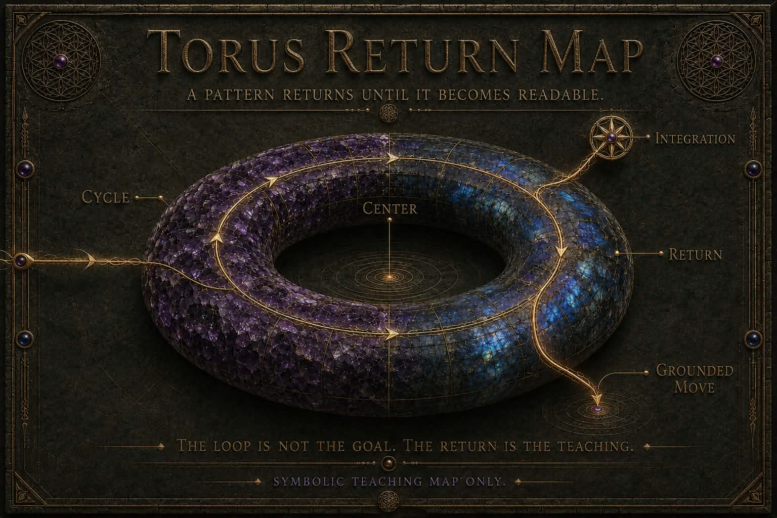 Torus Return Map teaching plate showing cycle, center, return, integration, and grounded move