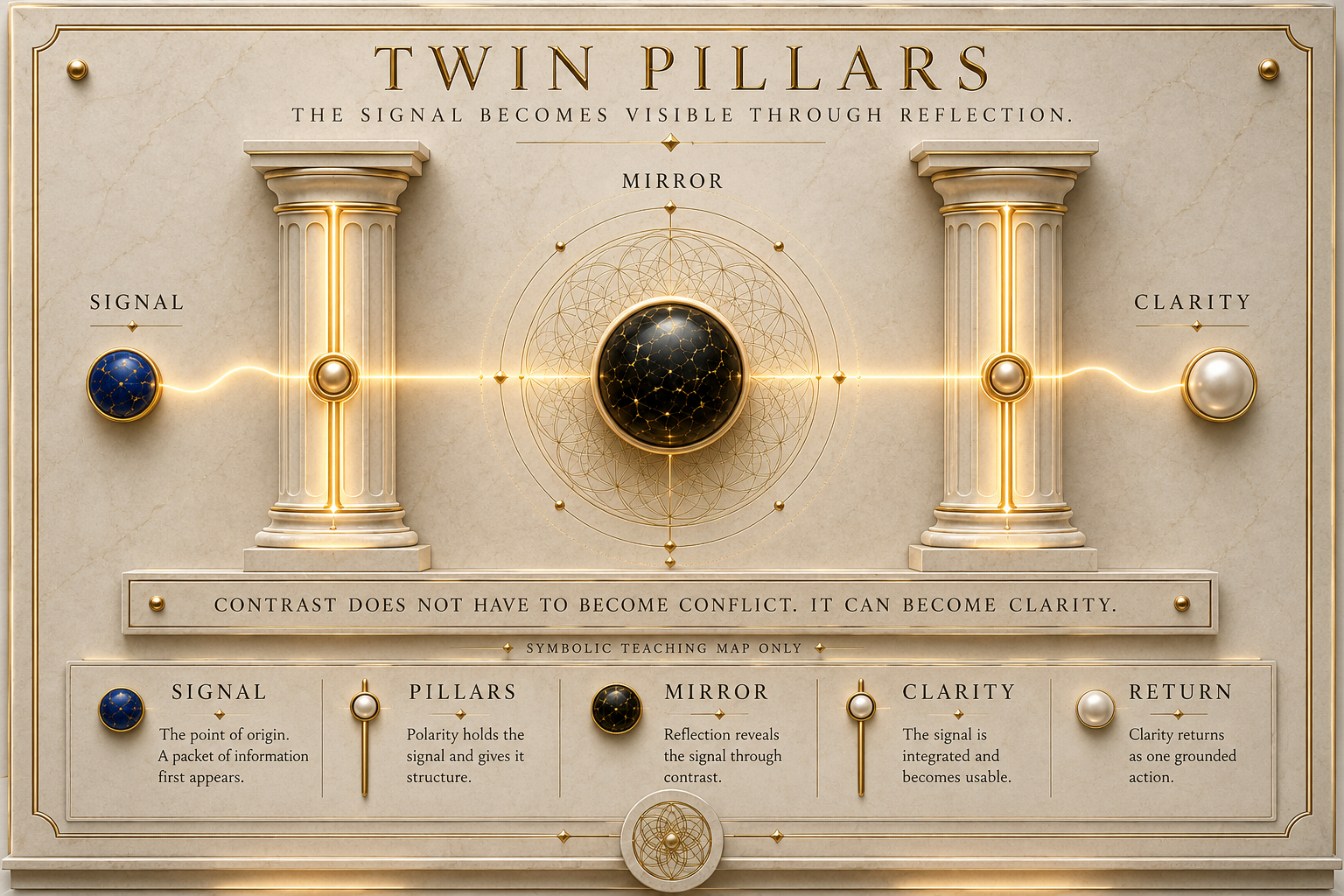 Twin Pillars teaching plate showing signal, mirror, and clarity
