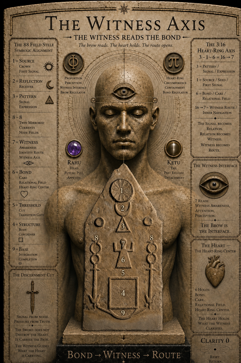 Witness Axis V2 teaching plate showing the brow interface, heart-ring, stele structure, and the 6 to 7 route axis