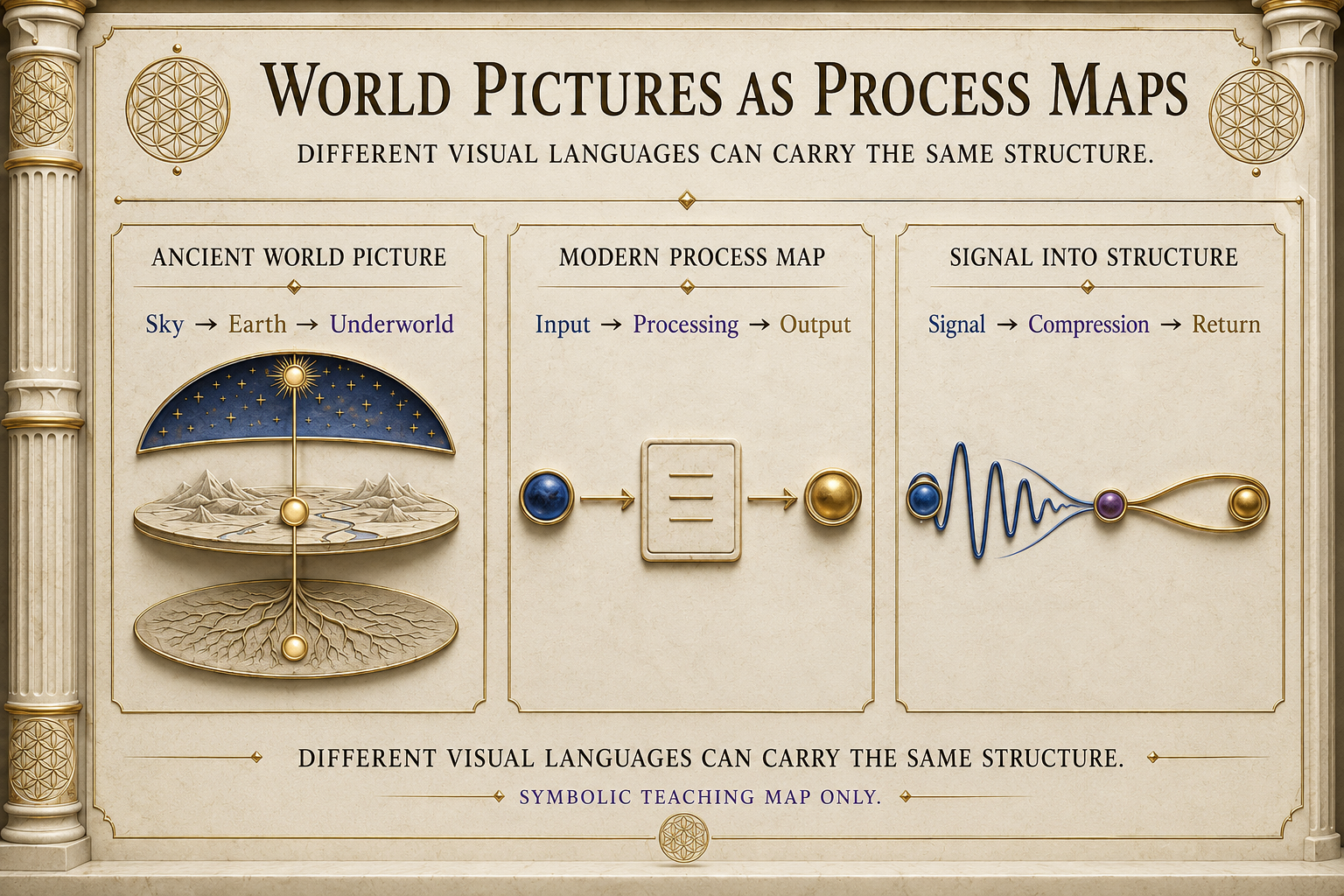 World Pictures as Process Maps teaching plate comparing ancient world picture, modern process map, and Signal Into Structure