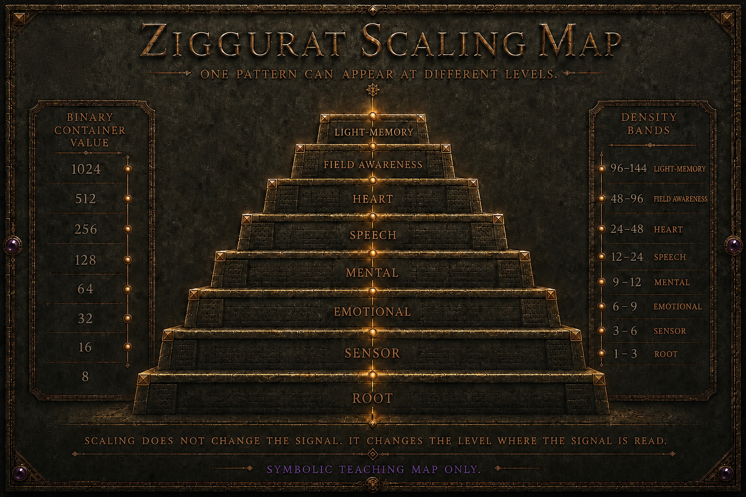 Ziggurat Scaling Map teaching plate showing binary containers, density bands, and eight scaling levels